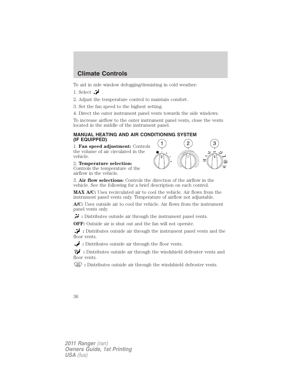 Manual heating and air conditioning, Climate controls | FORD 2011 Ranger v.1 User Manual | Page 36 / 302