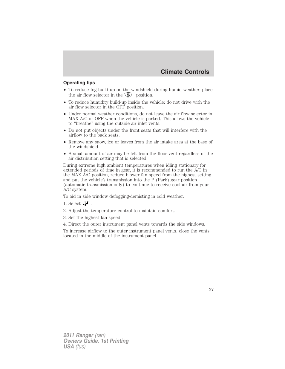 Operating tips, Climate controls | FORD 2011 Ranger v.1 User Manual | Page 37 / 302