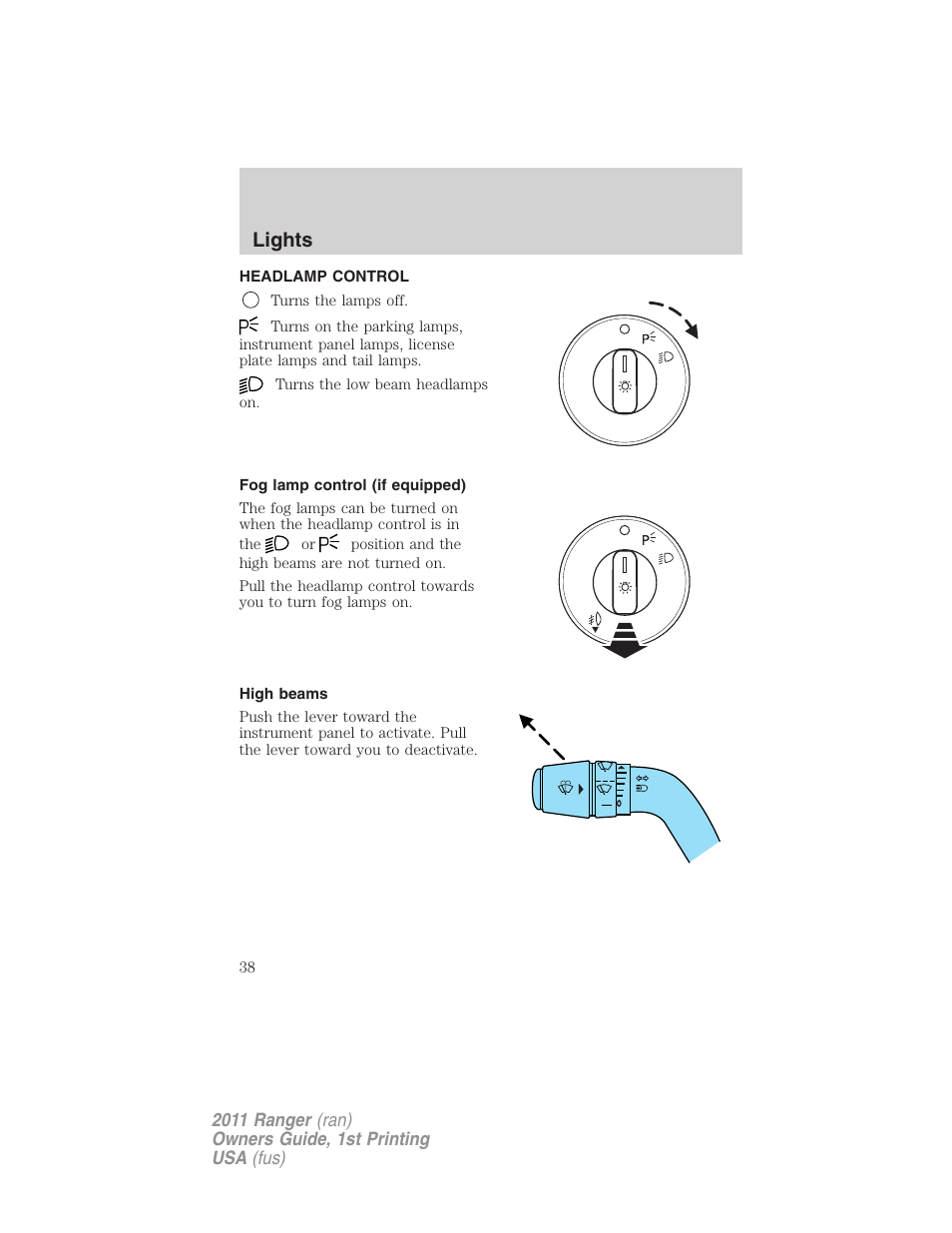 Lights, Headlamp control, Fog lamp control (if equipped) | High beams, Headlamps | FORD 2011 Ranger v.1 User Manual | Page 38 / 302