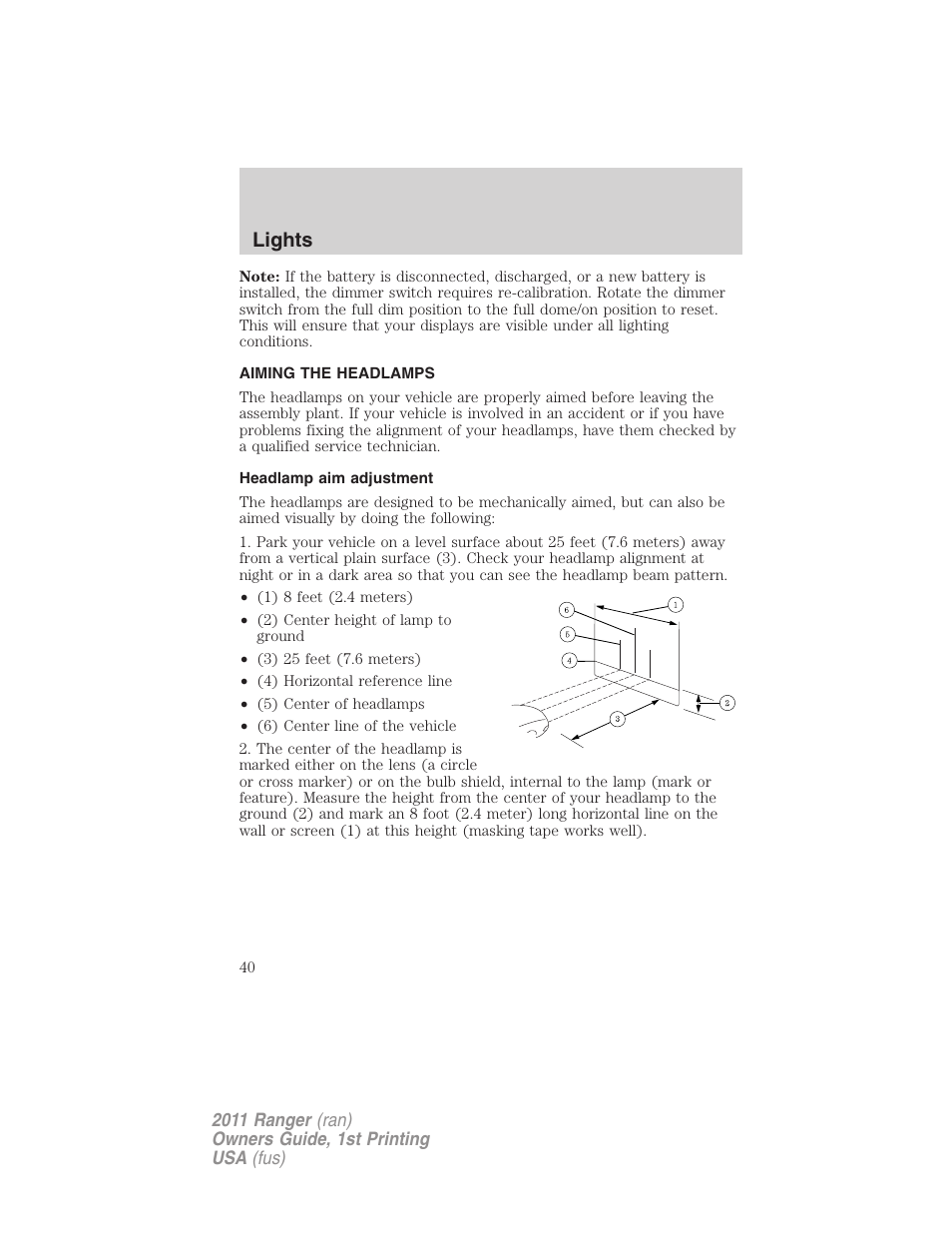 Aiming the headlamps, Headlamp aim adjustment, Lights | FORD 2011 Ranger v.1 User Manual | Page 40 / 302