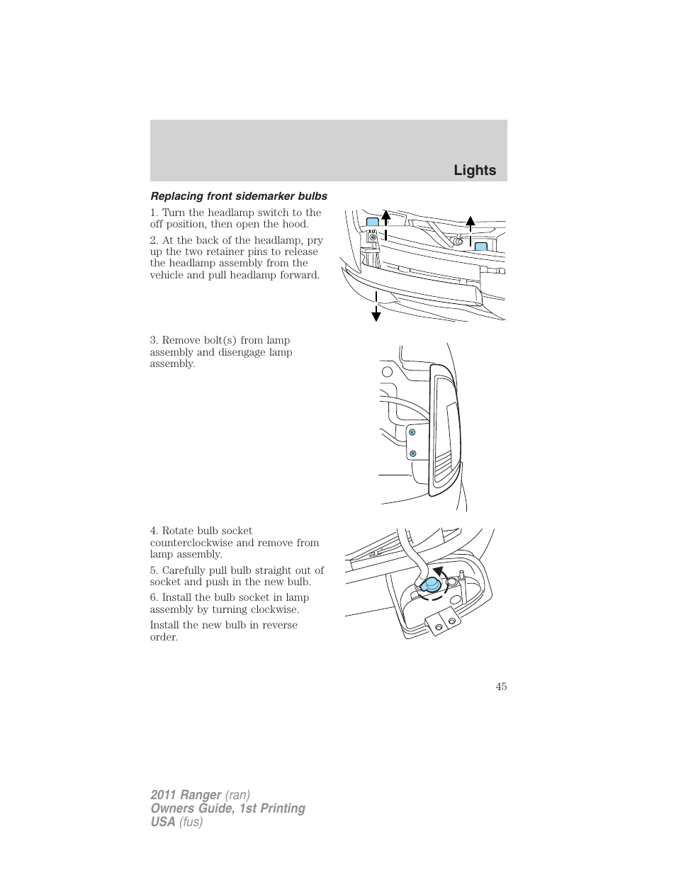 Replacing front sidemarker bulbs, Lights | FORD 2011 Ranger v.1 User Manual | Page 45 / 302