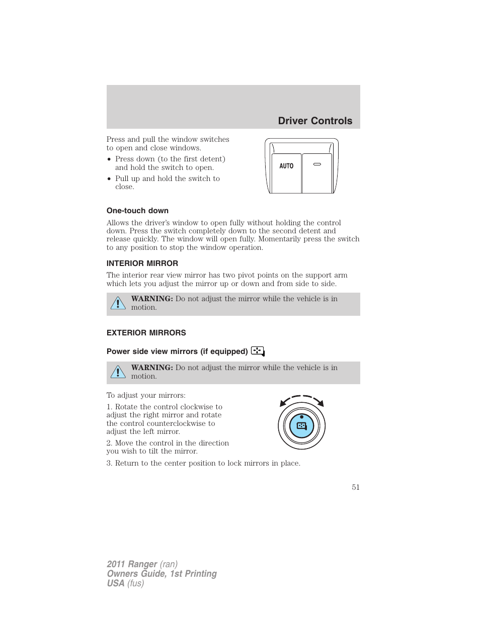 One-touch down, Interior mirror, Exterior mirrors | Power side view mirrors (if equipped), Mirrors, Driver controls | FORD 2011 Ranger v.1 User Manual | Page 51 / 302