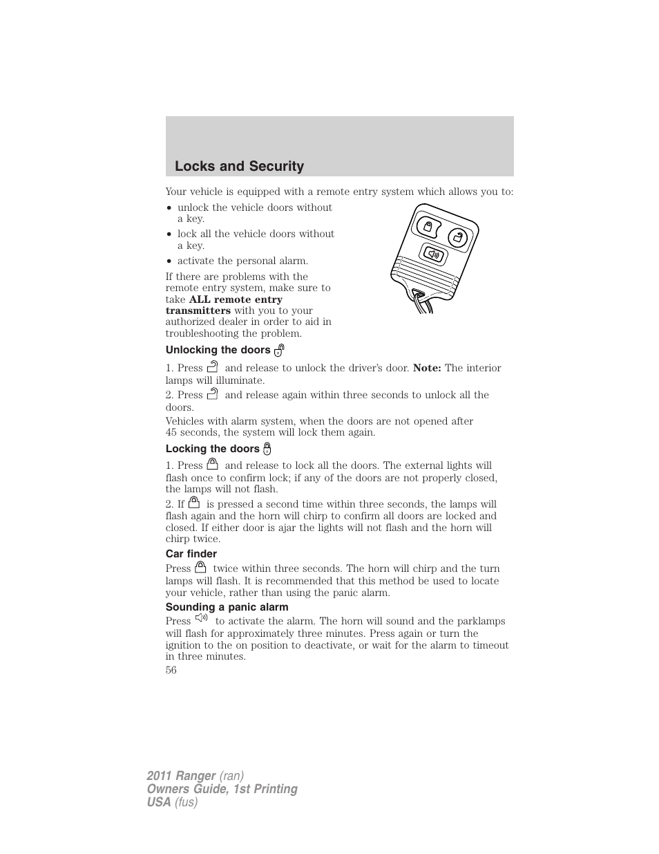 Unlocking the doors, Locking the doors, Car finder | Sounding a panic alarm, Locks and security | FORD 2011 Ranger v.1 User Manual | Page 56 / 302