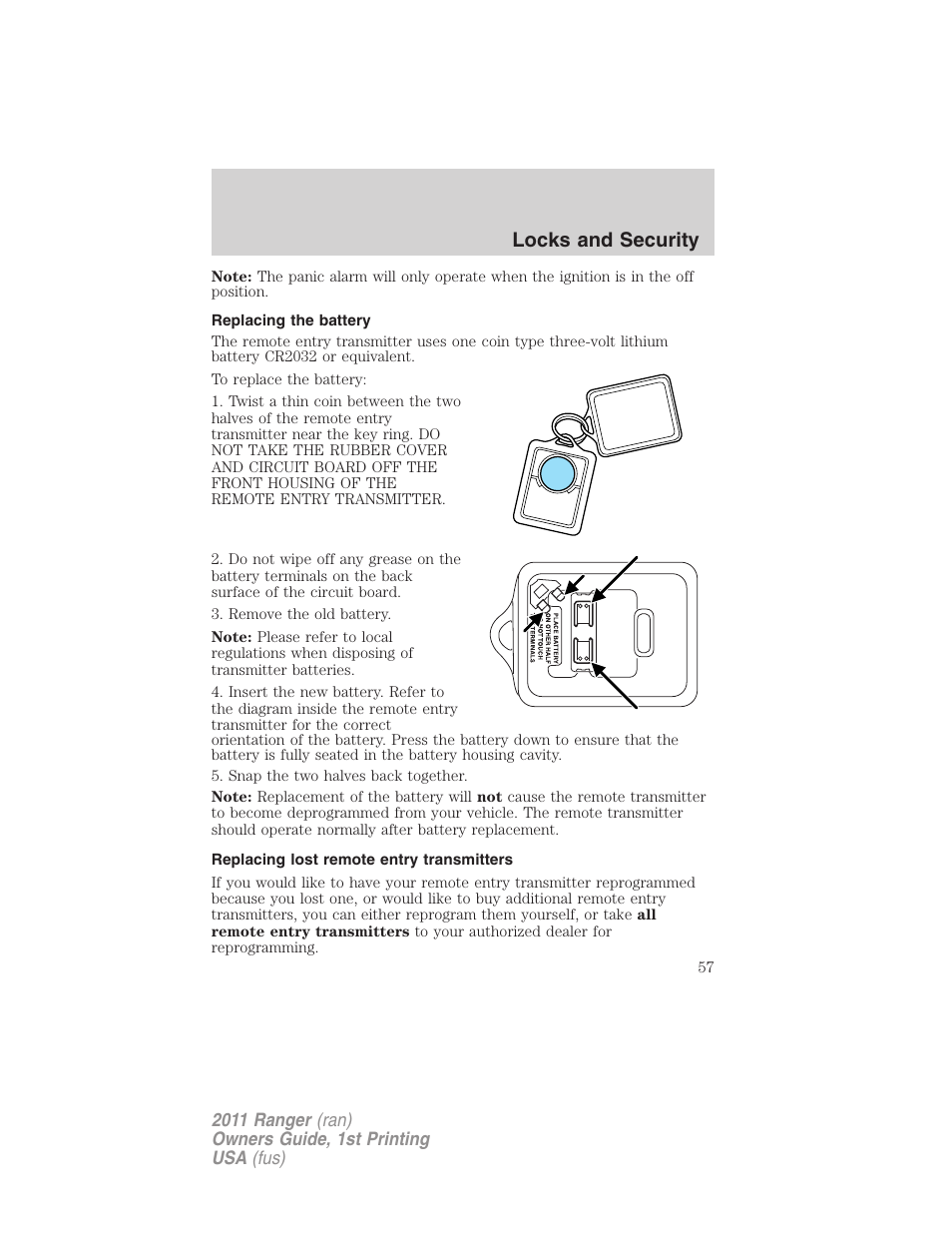 Replacing the battery, Replacing lost remote entry transmitters, Locks and security | FORD 2011 Ranger v.1 User Manual | Page 57 / 302