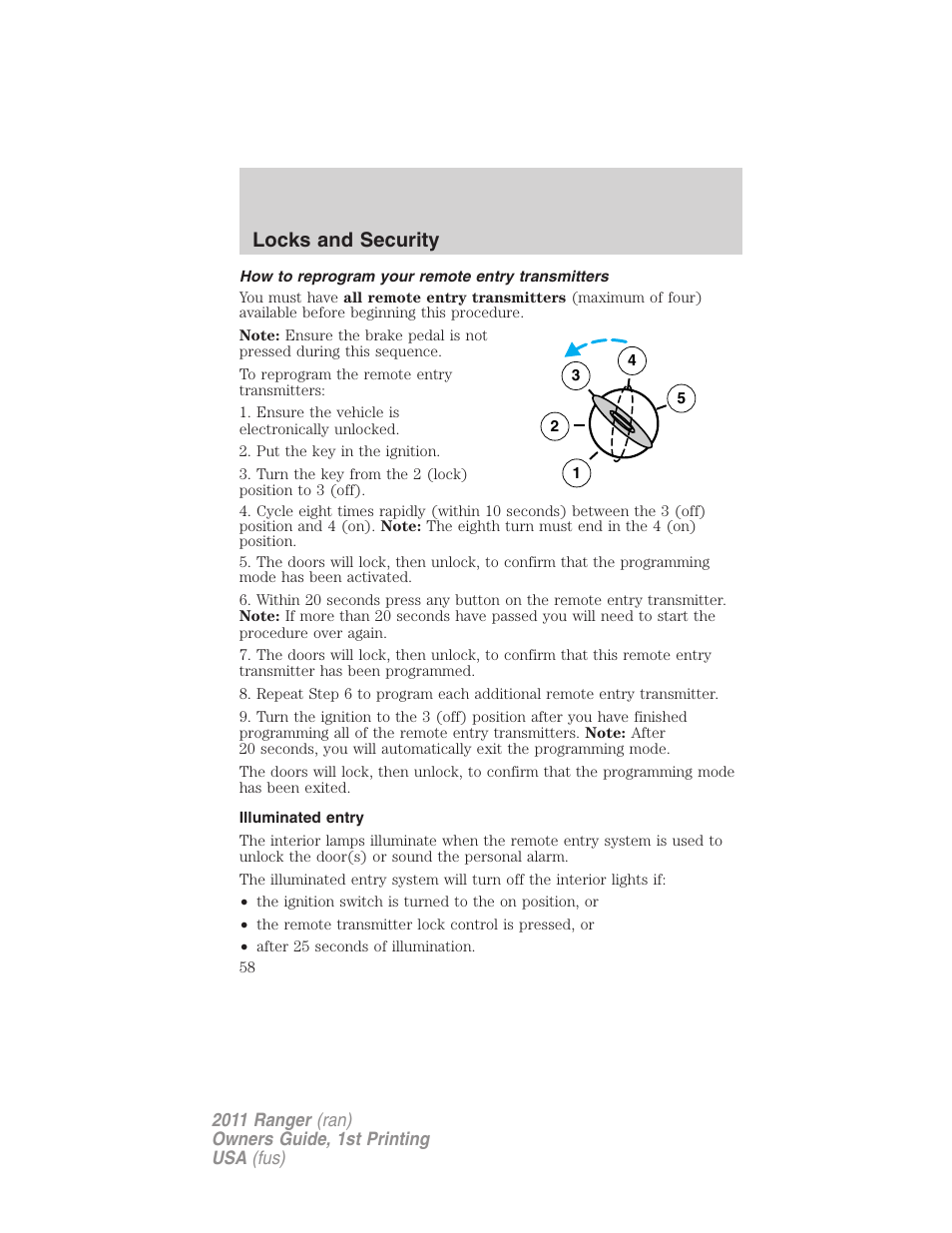 How to reprogram your remote entry transmitters, Illuminated entry, Locks and security | FORD 2011 Ranger v.1 User Manual | Page 58 / 302