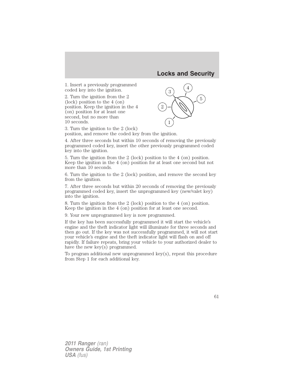 Locks and security | FORD 2011 Ranger v.1 User Manual | Page 61 / 302
