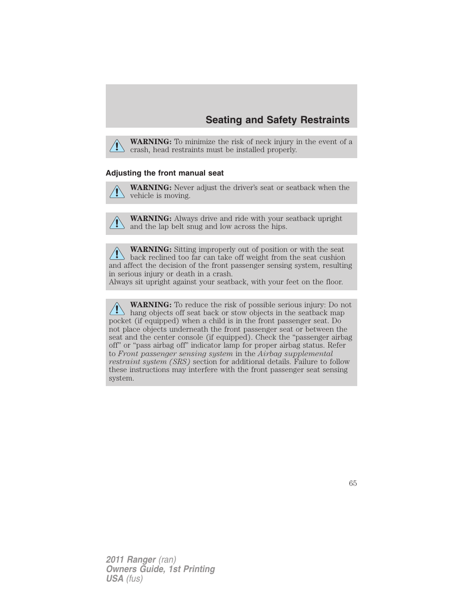 Adjusting the front manual seat, Seating and safety restraints | FORD 2011 Ranger v.1 User Manual | Page 65 / 302