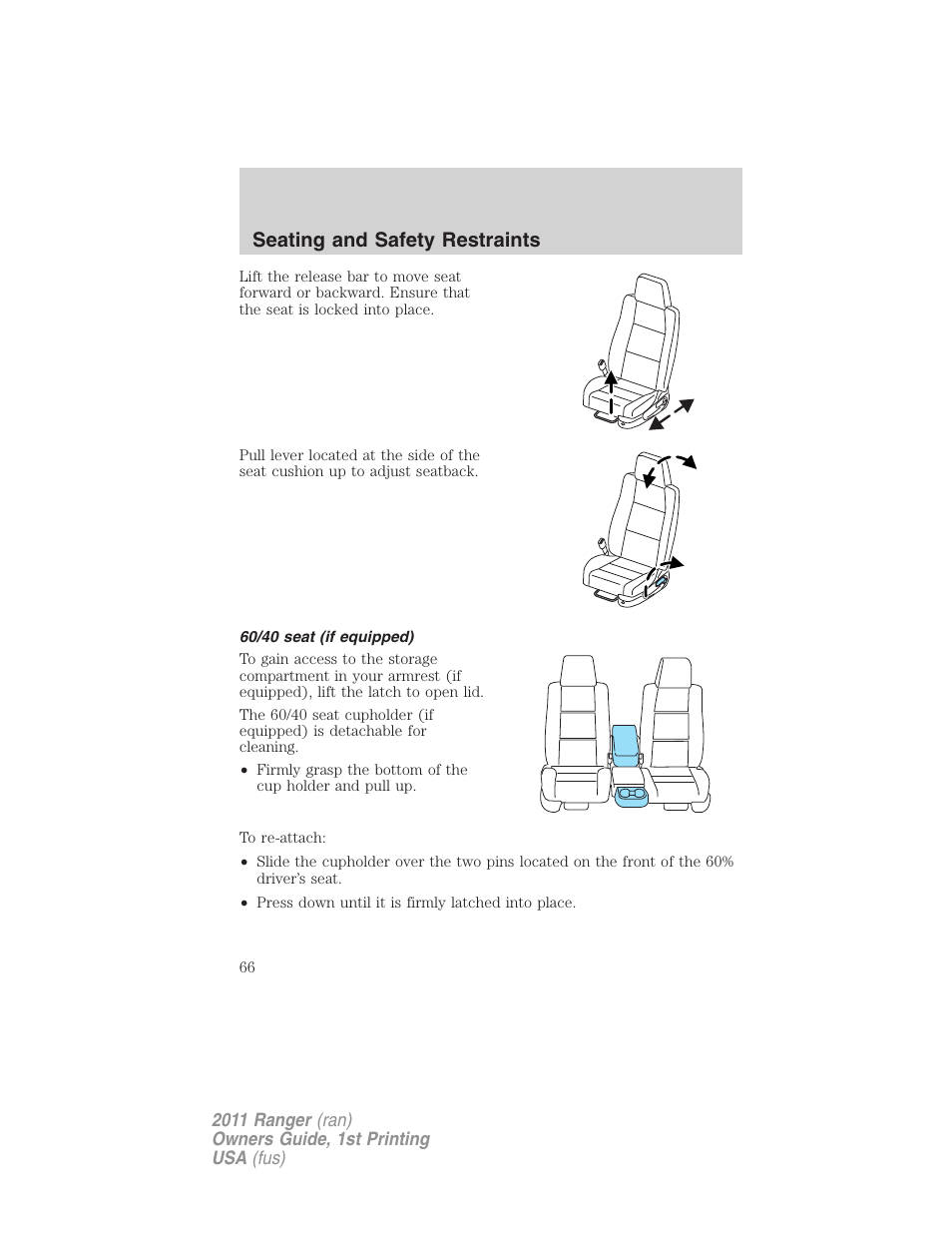 60/40 seat (if equipped), Seating and safety restraints | FORD 2011 Ranger v.1 User Manual | Page 66 / 302