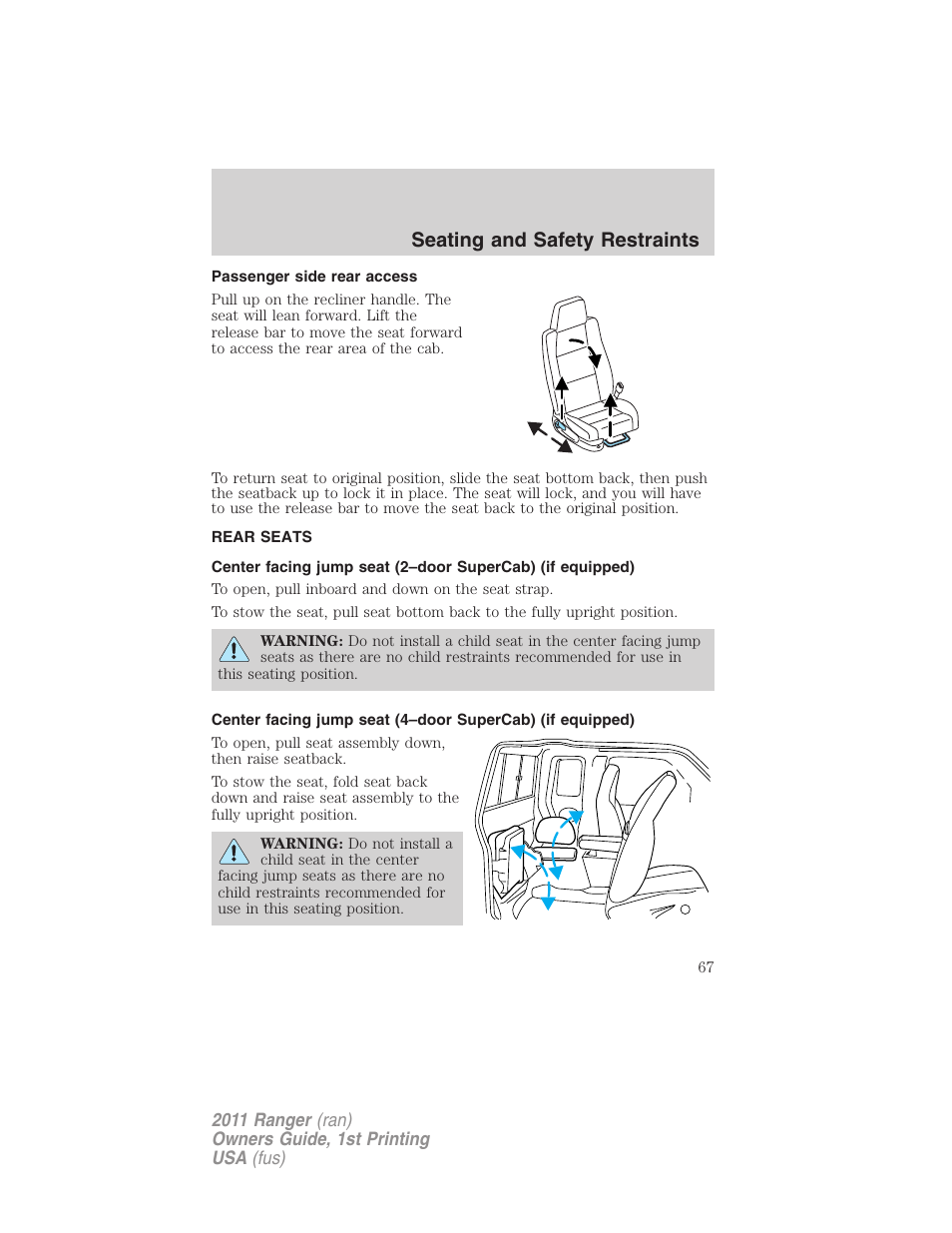 Passenger side rear access, Rear seats, Seating and safety restraints | FORD 2011 Ranger v.1 User Manual | Page 67 / 302