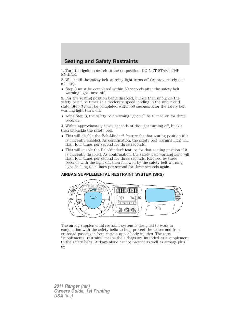 Airbag supplemental restraint system (srs), Airbags, Seating and safety restraints | FORD 2011 Ranger v.1 User Manual | Page 82 / 302
