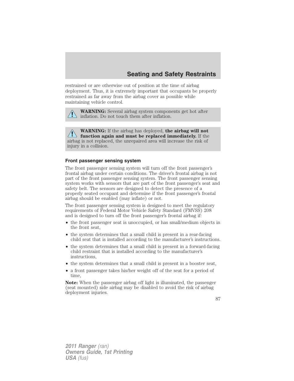 Front passenger sensing system, Seating and safety restraints | FORD 2011 Ranger v.1 User Manual | Page 87 / 302