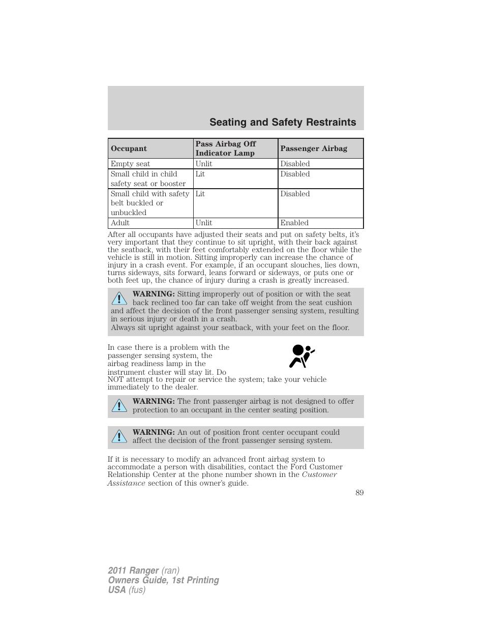 Seating and safety restraints | FORD 2011 Ranger v.1 User Manual | Page 89 / 302