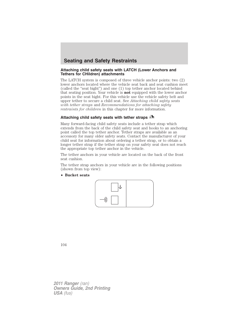 Attaching child safety seats with tether straps, Seating and safety restraints | FORD 2011 Ranger v.2 User Manual | Page 104 / 303