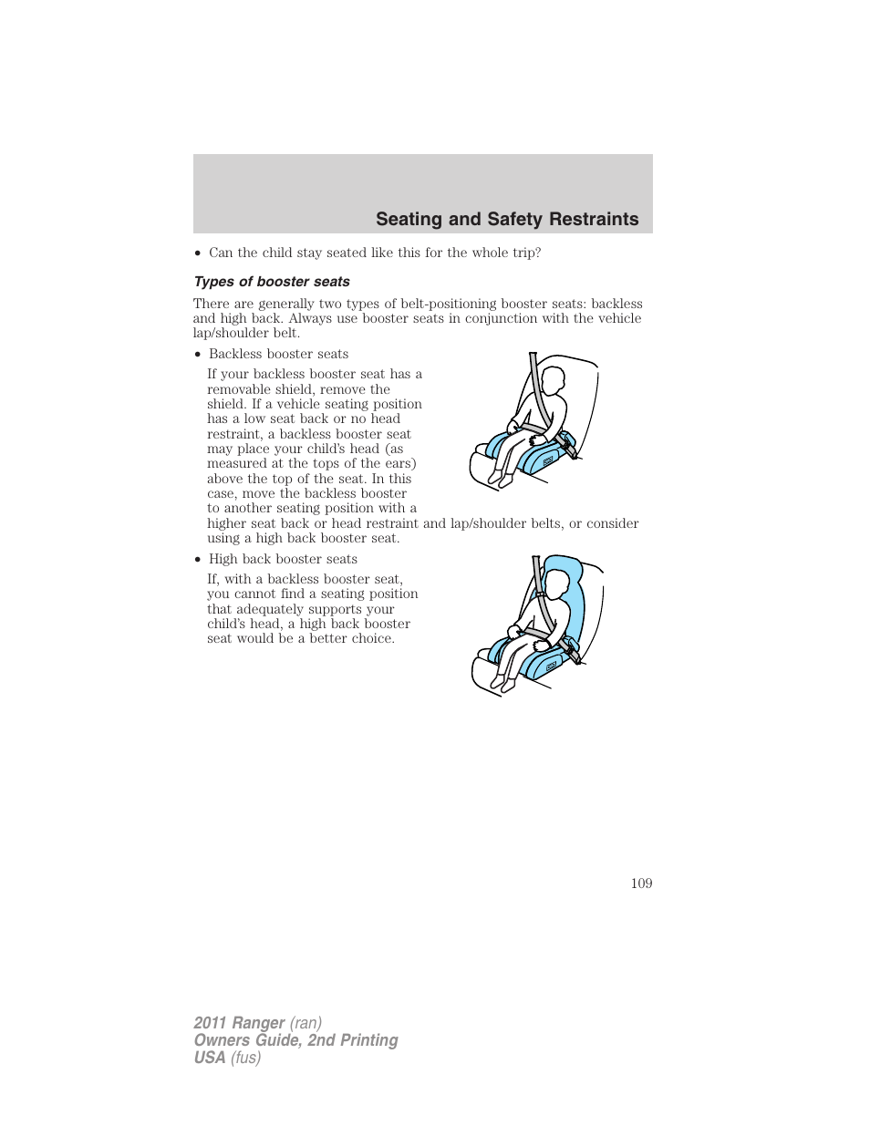 Types of booster seats, Seating and safety restraints | FORD 2011 Ranger v.2 User Manual | Page 109 / 303