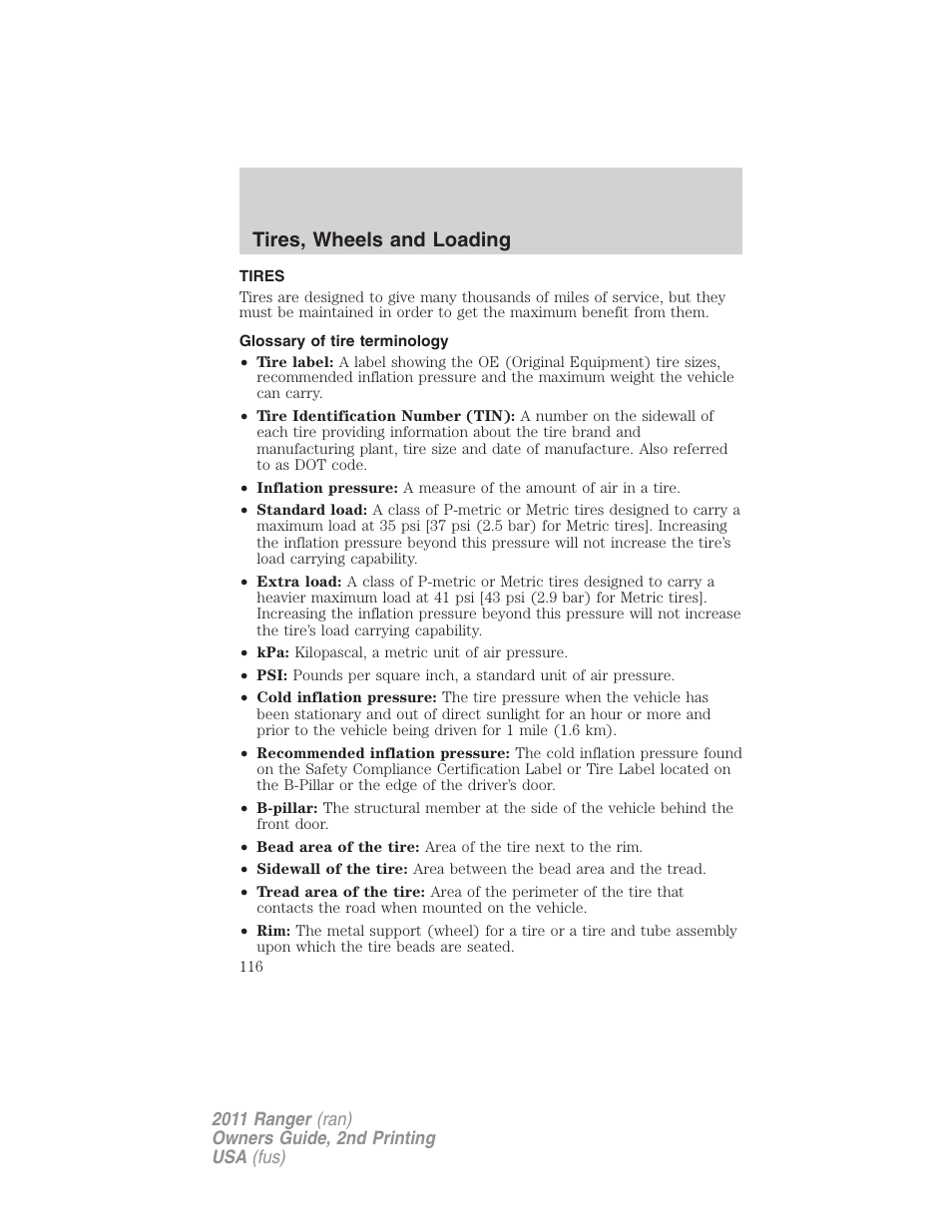 Tires, Glossary of tire terminology, Tires, wheels and loading | FORD 2011 Ranger v.2 User Manual | Page 116 / 303