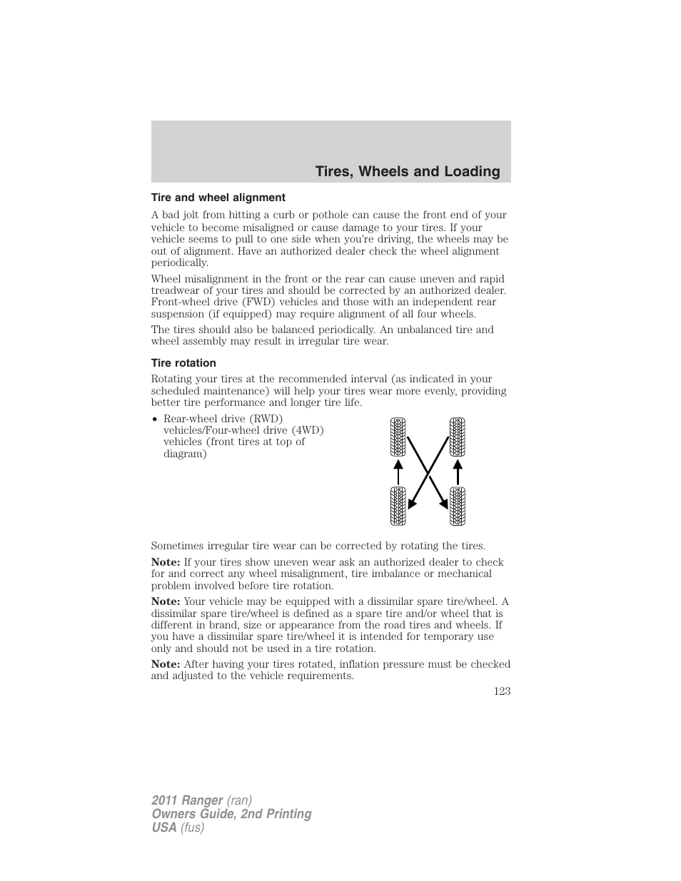 Tire and wheel alignment, Tire rotation, Tires, wheels and loading | FORD 2011 Ranger v.2 User Manual | Page 123 / 303