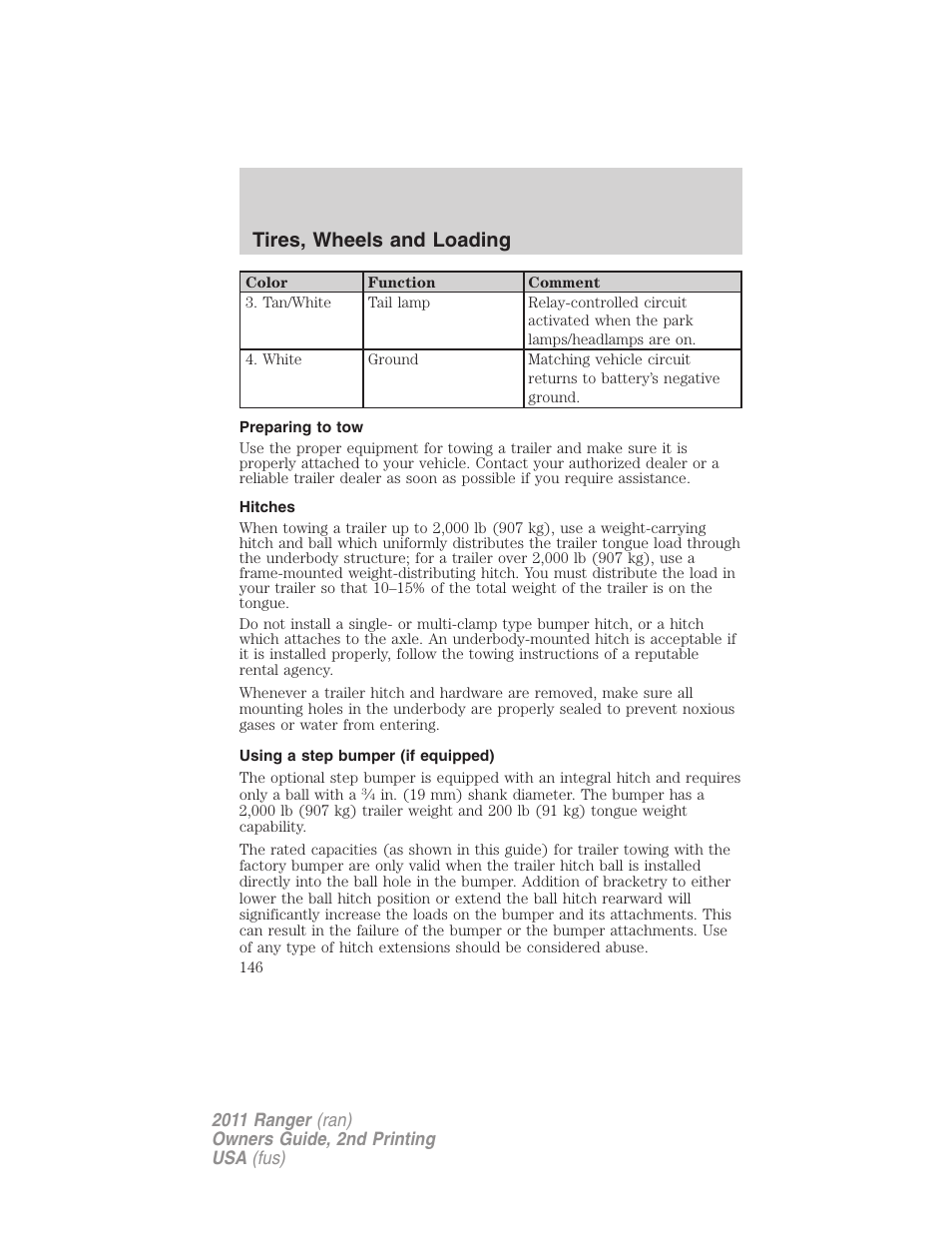 Preparing to tow, Hitches, Using a step bumper (if equipped) | Tires, wheels and loading | FORD 2011 Ranger v.2 User Manual | Page 146 / 303