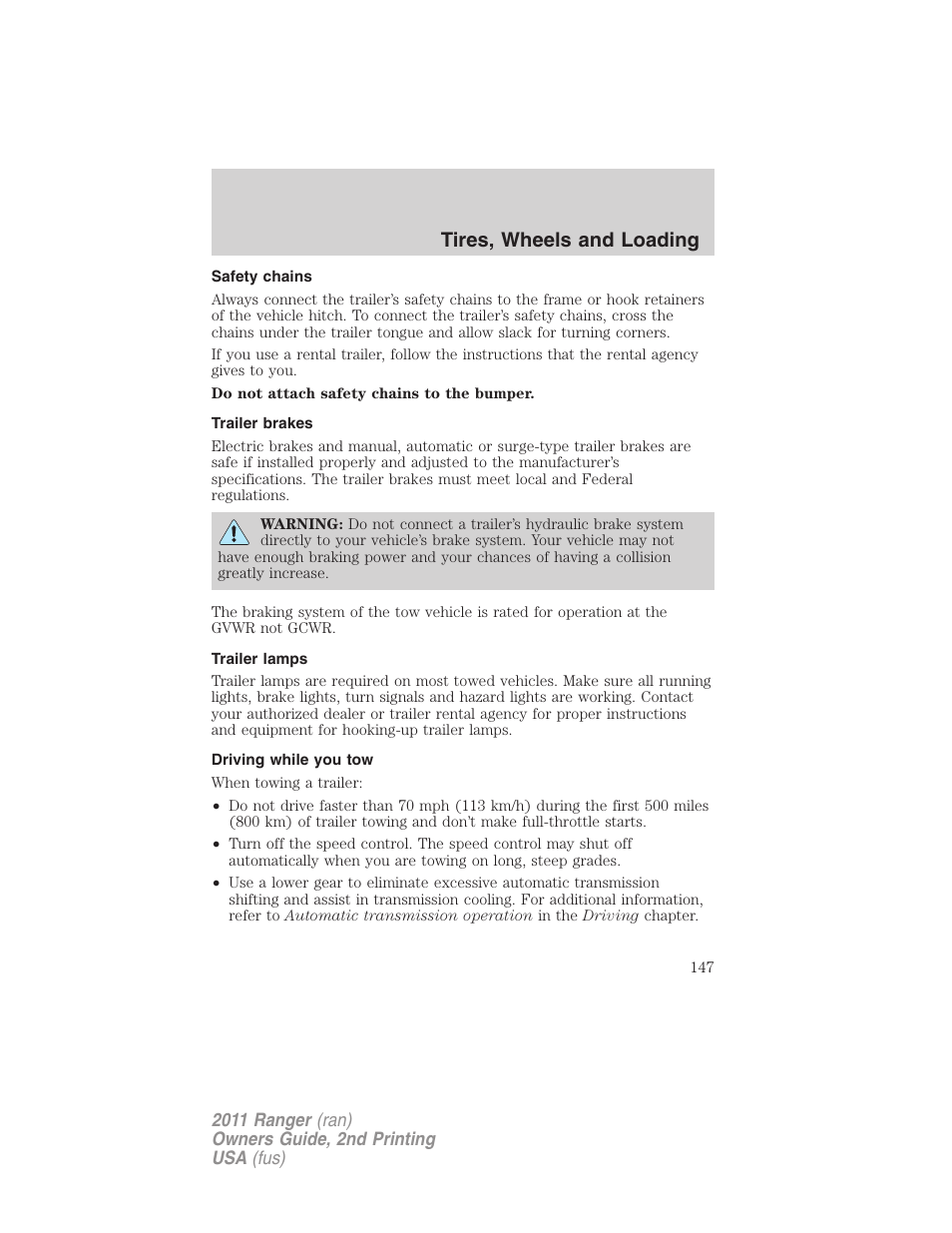 Safety chains, Trailer brakes, Trailer lamps | Driving while you tow, Tires, wheels and loading | FORD 2011 Ranger v.2 User Manual | Page 147 / 303