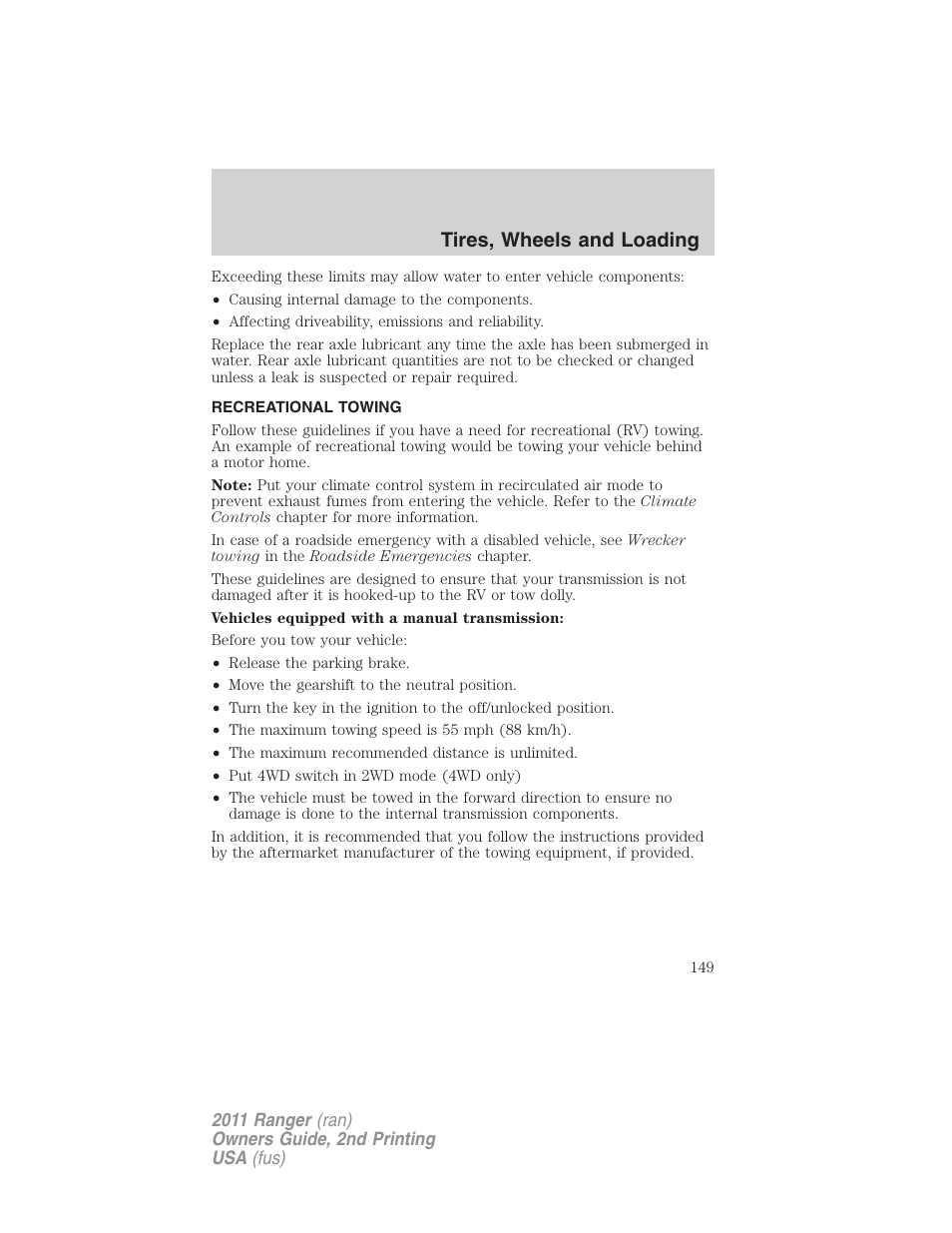 Recreational towing, Tires, wheels and loading | FORD 2011 Ranger v.2 User Manual | Page 149 / 303