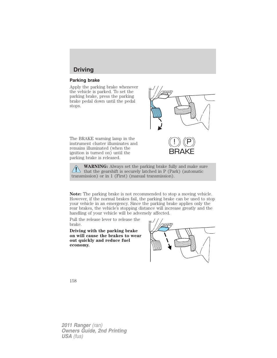 Parking brake, P! brake | FORD 2011 Ranger v.2 User Manual | Page 158 / 303