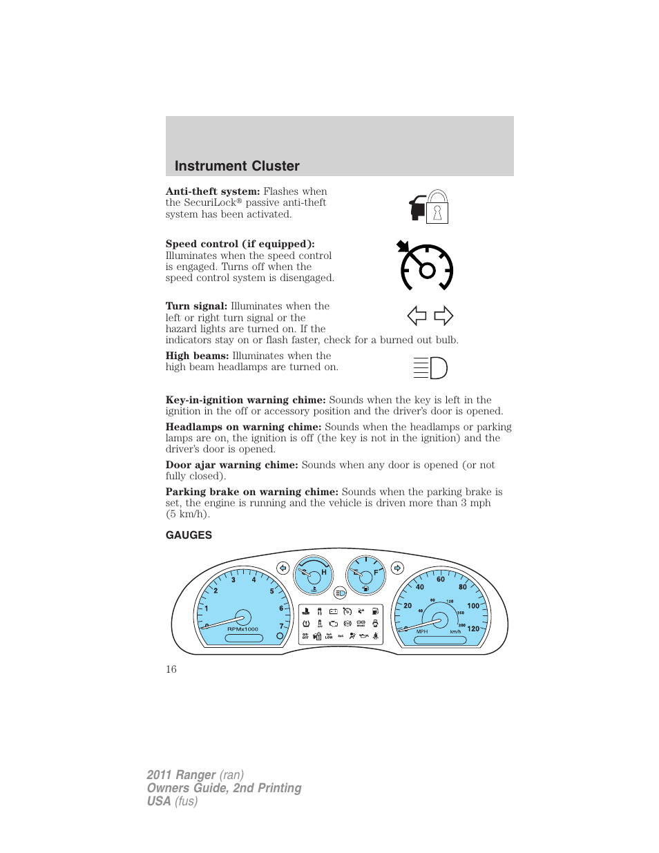 Gauges, Instrument cluster | FORD 2011 Ranger v.2 User Manual | Page 16 / 303