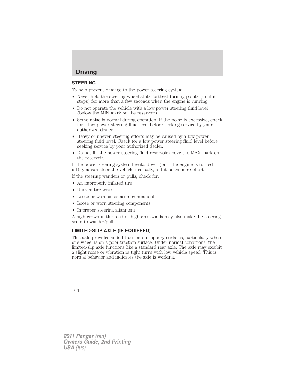 Steering, Limited-slip axle (if equipped), Driving | FORD 2011 Ranger v.2 User Manual | Page 164 / 303