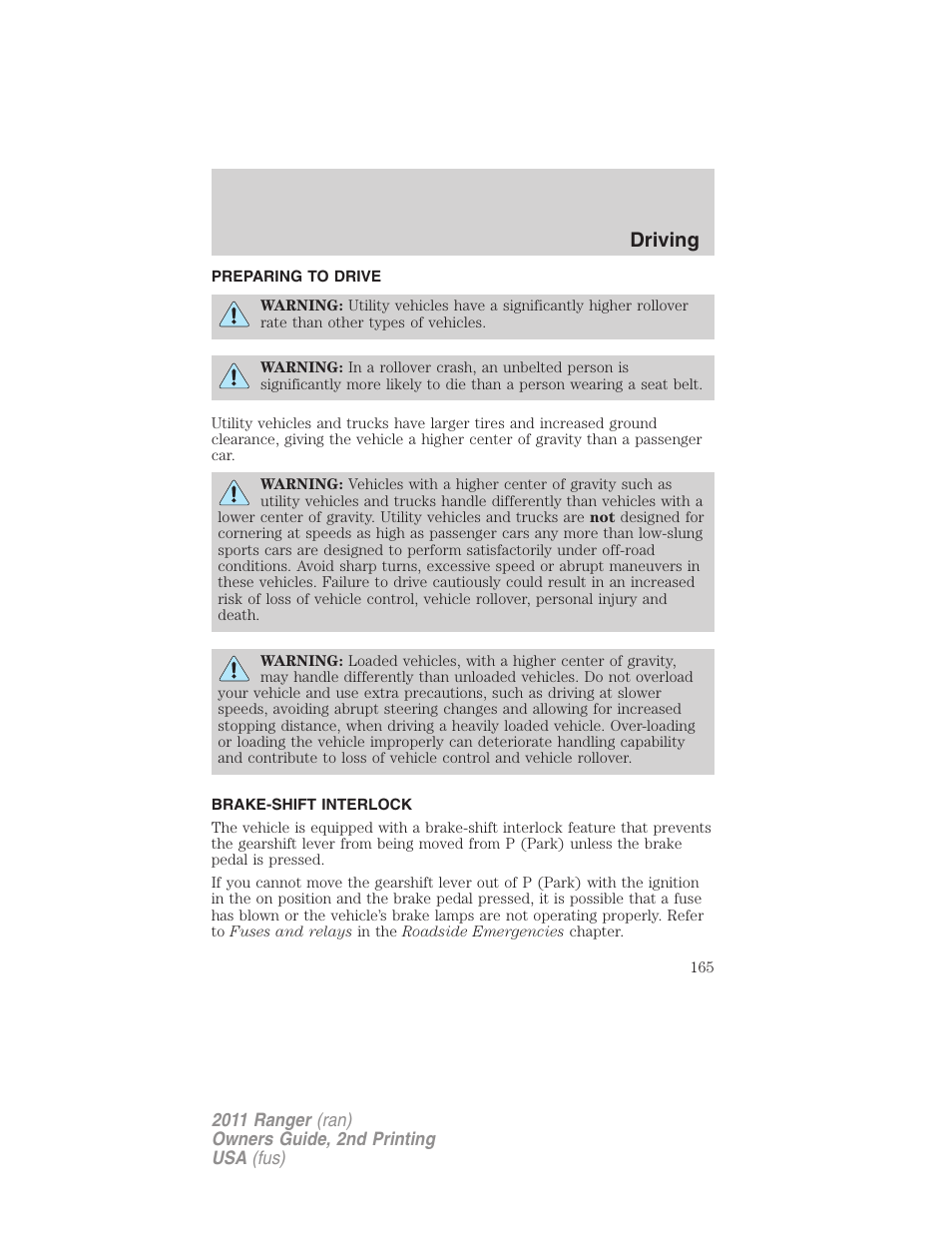 Preparing to drive, Brake-shift interlock, Driving | FORD 2011 Ranger v.2 User Manual | Page 165 / 303