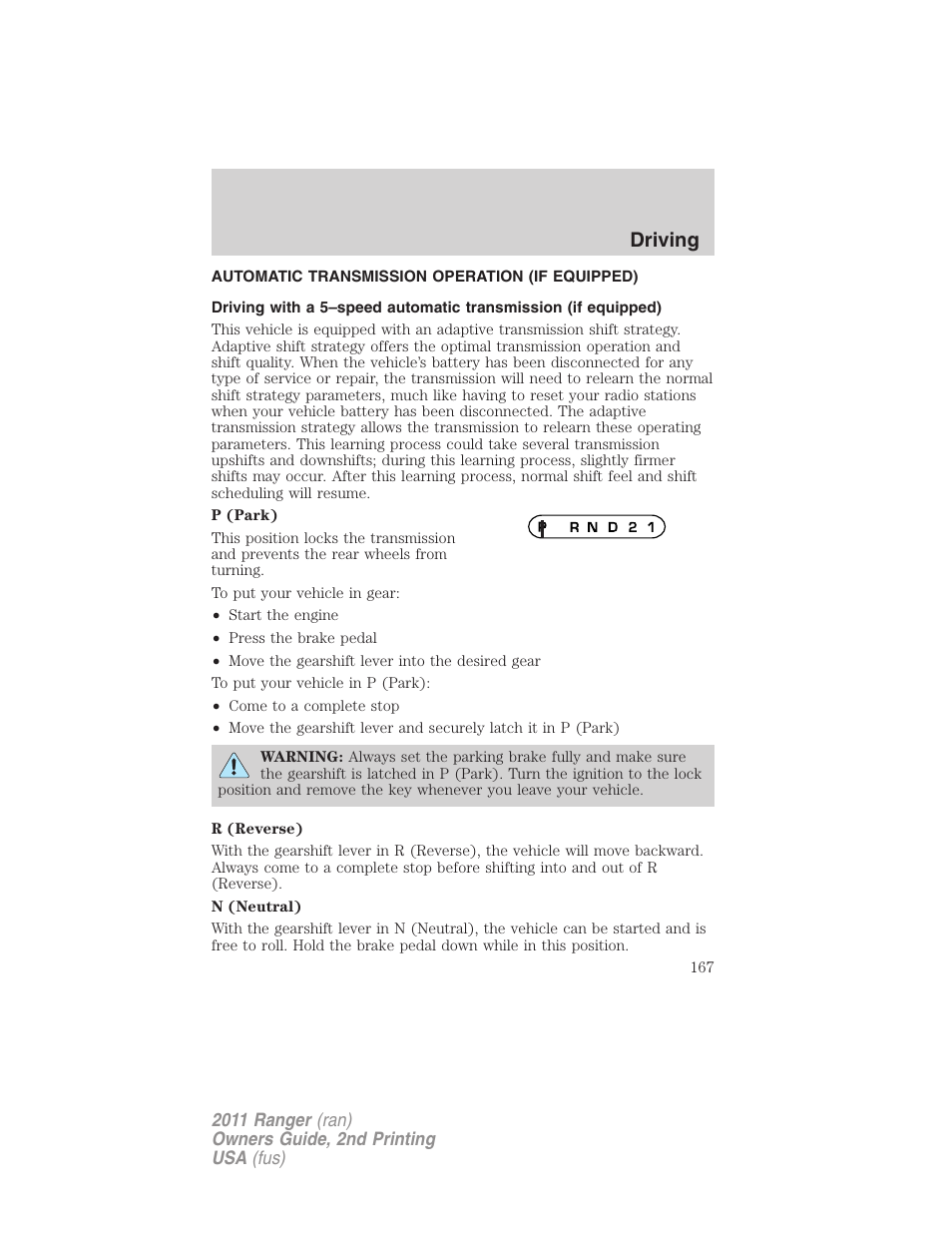 Automatic transmission operation (if equipped), Transmission operation, Driving | FORD 2011 Ranger v.2 User Manual | Page 167 / 303