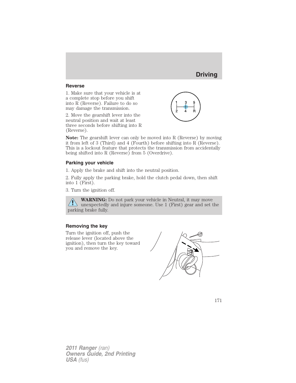 Reverse, Parking your vehicle, Removing the key | Driving | FORD 2011 Ranger v.2 User Manual | Page 171 / 303