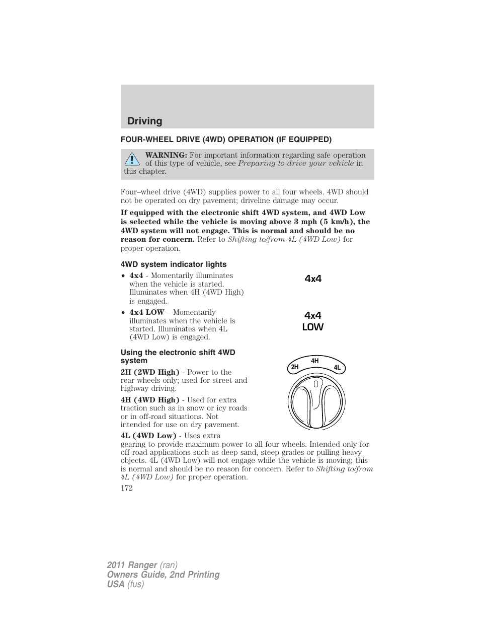 Four-wheel drive (4wd) operation (if equipped), 4wd system indicator lights, Using the electronic shift 4wd system | Driving | FORD 2011 Ranger v.2 User Manual | Page 172 / 303