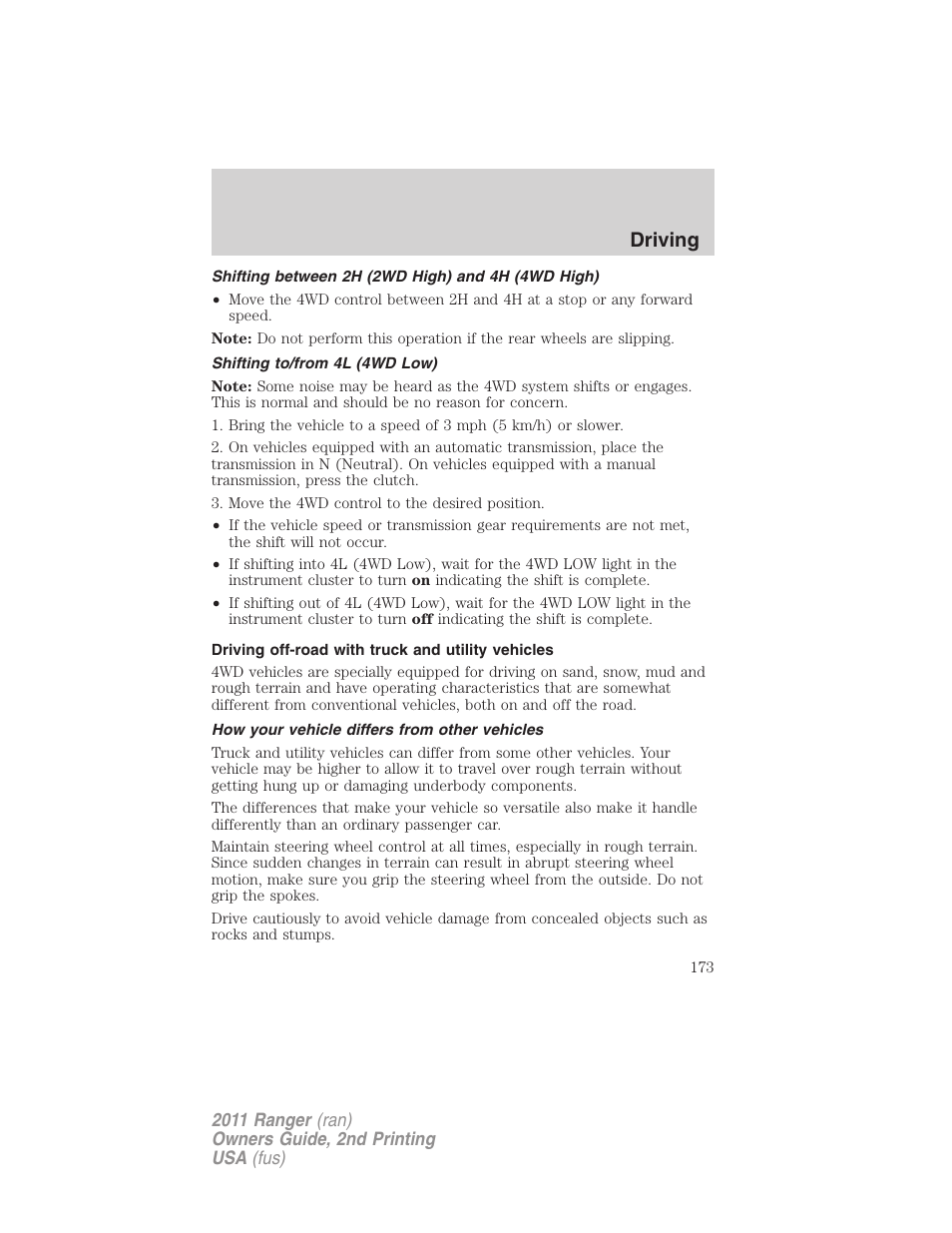 Shifting between 2h (2wd high) and 4h (4wd high), Shifting to/from 4l (4wd low), Driving off-road with truck and utility vehicles | How your vehicle differs from other vehicles, Driving | FORD 2011 Ranger v.2 User Manual | Page 173 / 303