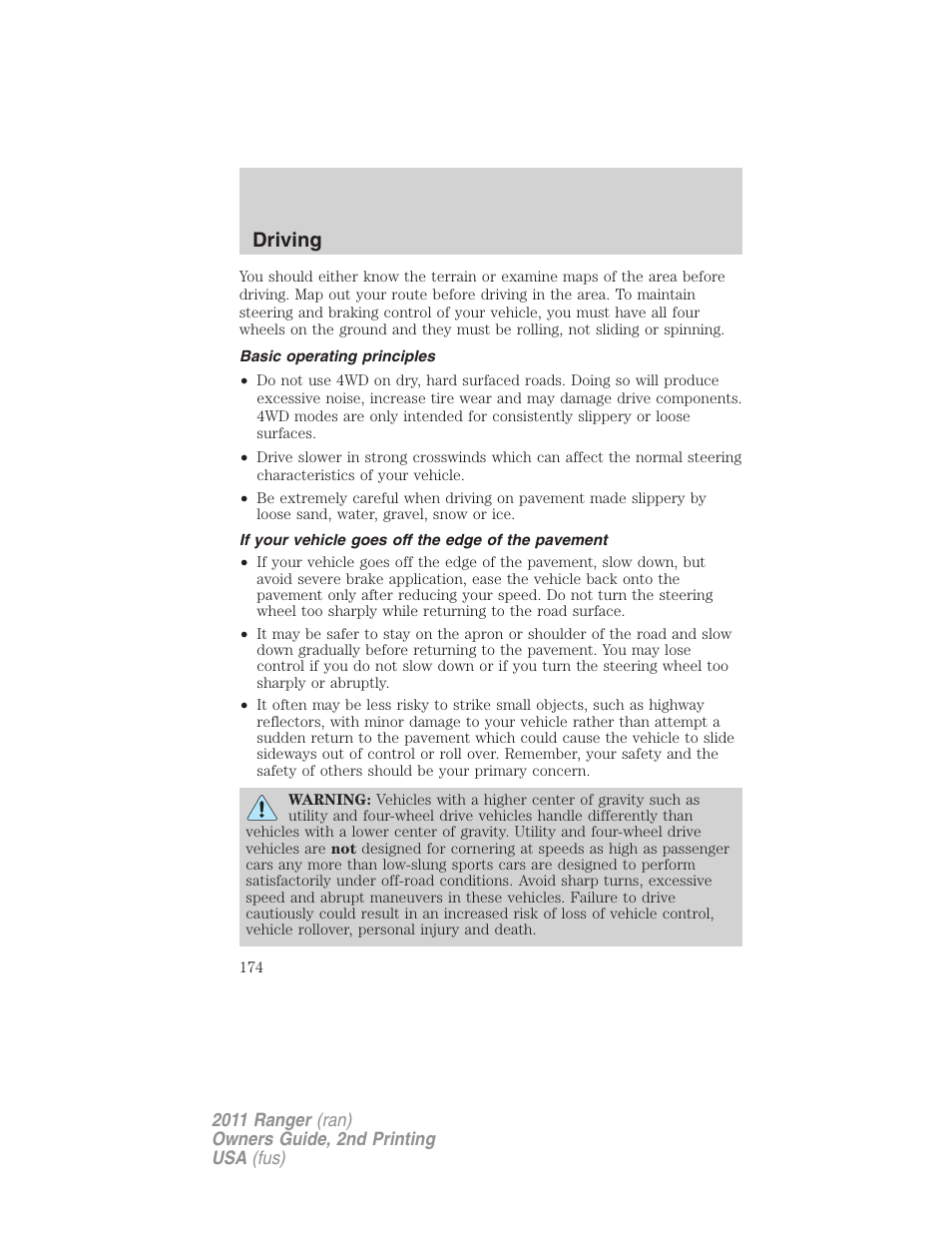 Basic operating principles, If your vehicle goes off the edge of the pavement, Driving | FORD 2011 Ranger v.2 User Manual | Page 174 / 303