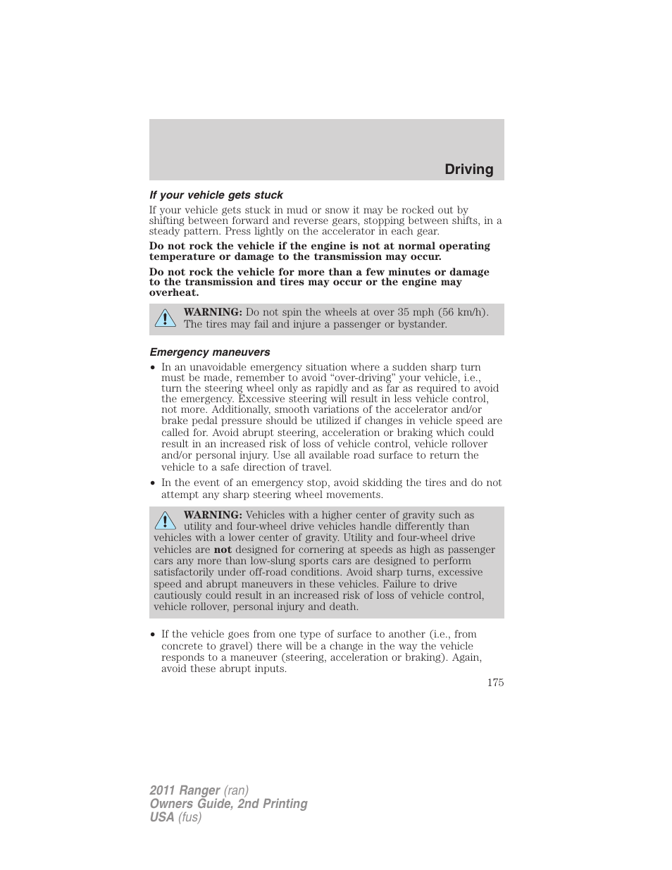 If your vehicle gets stuck, Emergency maneuvers, Driving | FORD 2011 Ranger v.2 User Manual | Page 175 / 303