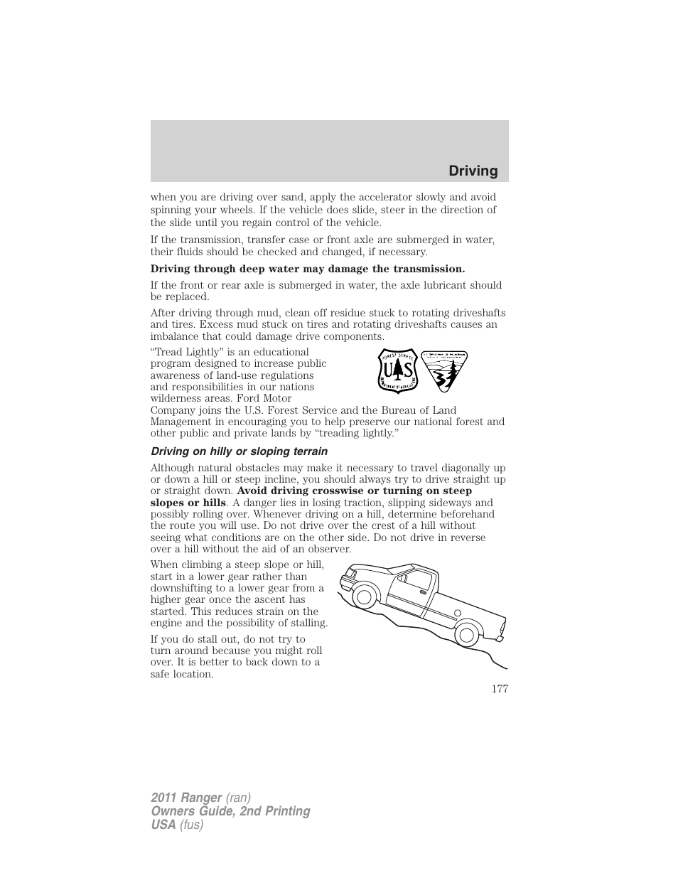 Driving on hilly or sloping terrain, Driving | FORD 2011 Ranger v.2 User Manual | Page 177 / 303