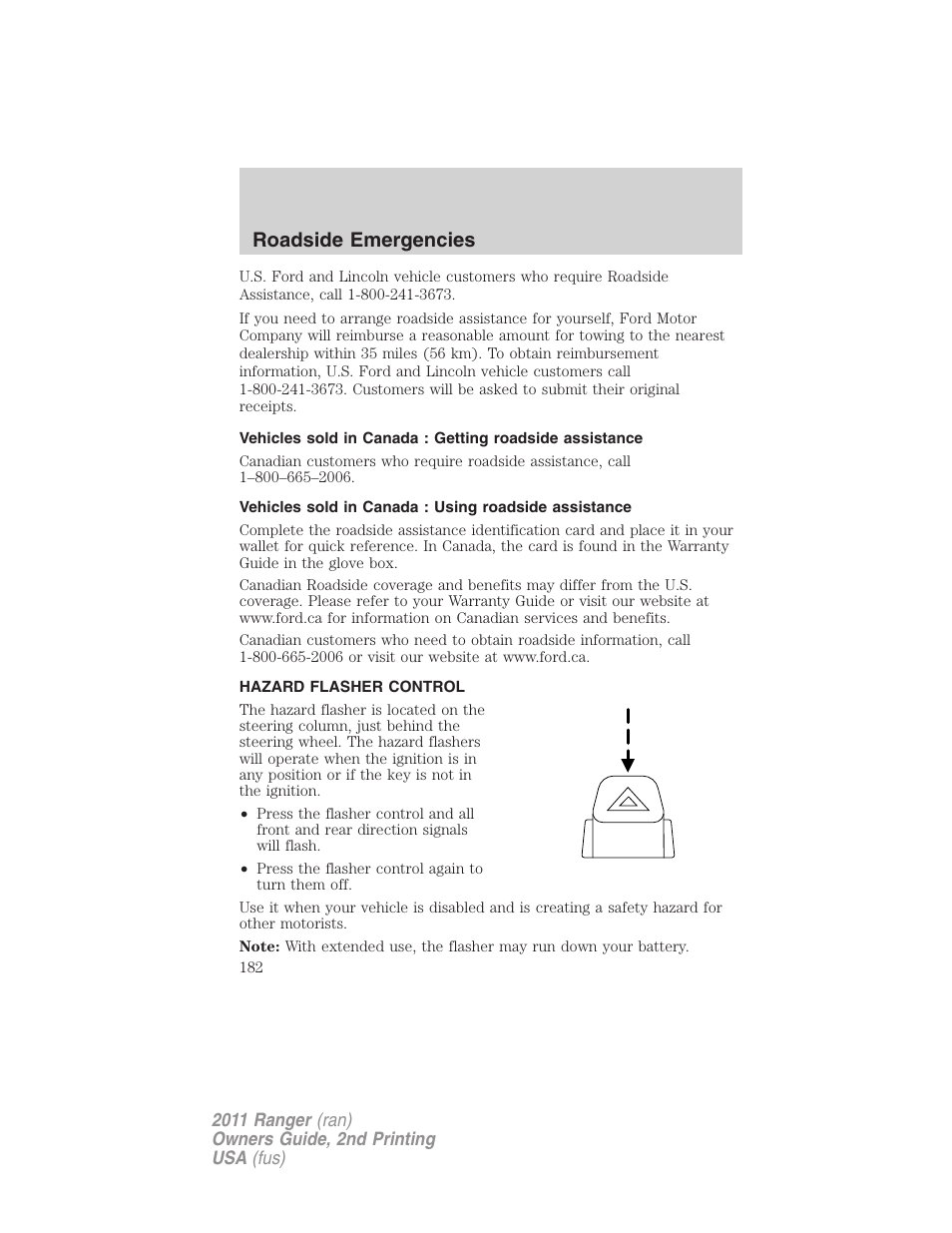 Hazard flasher control, Roadside emergencies | FORD 2011 Ranger v.2 User Manual | Page 182 / 303