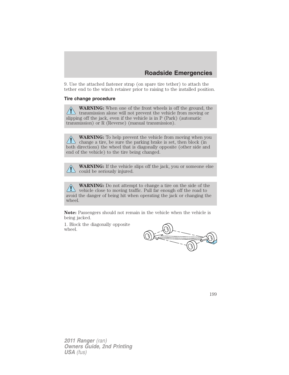 Tire change procedure, Roadside emergencies | FORD 2011 Ranger v.2 User Manual | Page 199 / 303