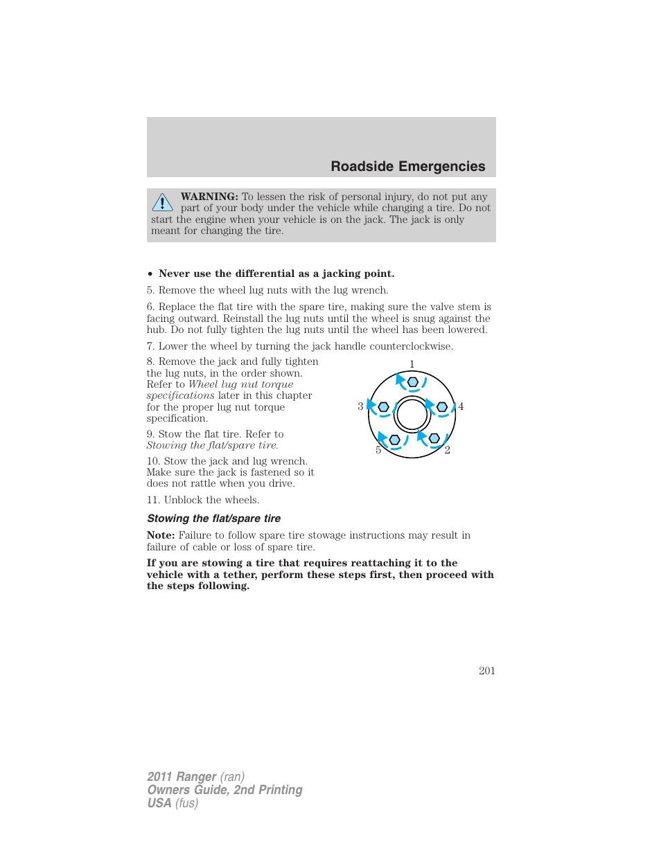 Stowing the flat/spare tire, Roadside emergencies | FORD 2011 Ranger v.2 User Manual | Page 201 / 303