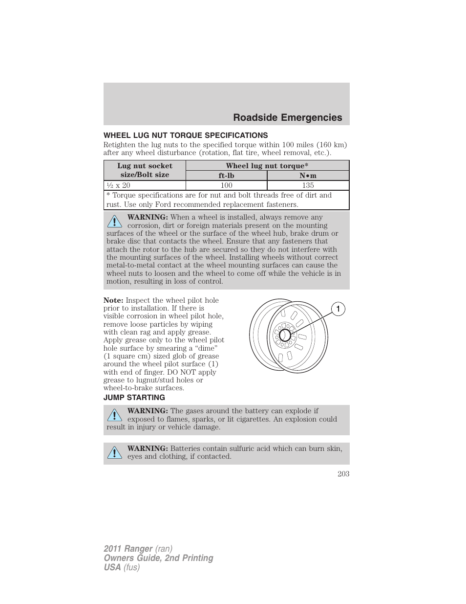 Wheel lug nut torque specifications, Jump starting, Wheel lug nut torque | Roadside emergencies | FORD 2011 Ranger v.2 User Manual | Page 203 / 303