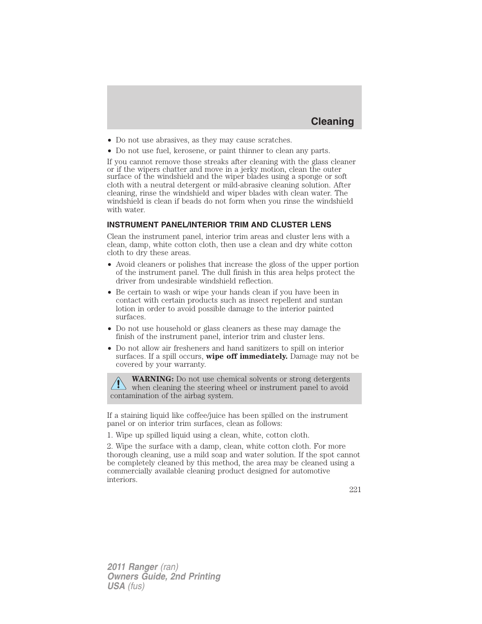 Instrument panel/interior trim and cluster lens, Cleaning | FORD 2011 Ranger v.2 User Manual | Page 221 / 303