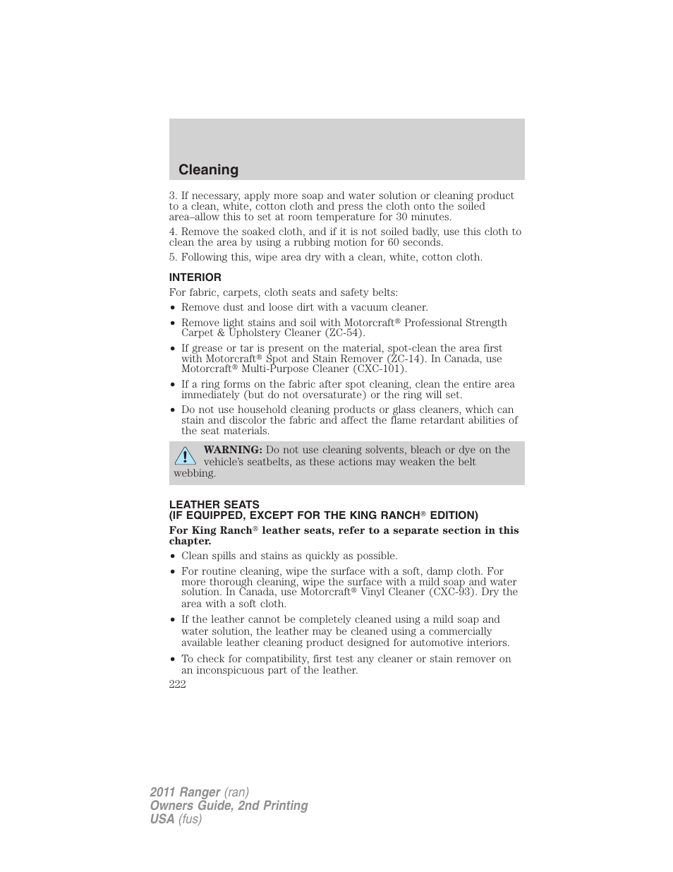 Interior, Cleaning | FORD 2011 Ranger v.2 User Manual | Page 222 / 303