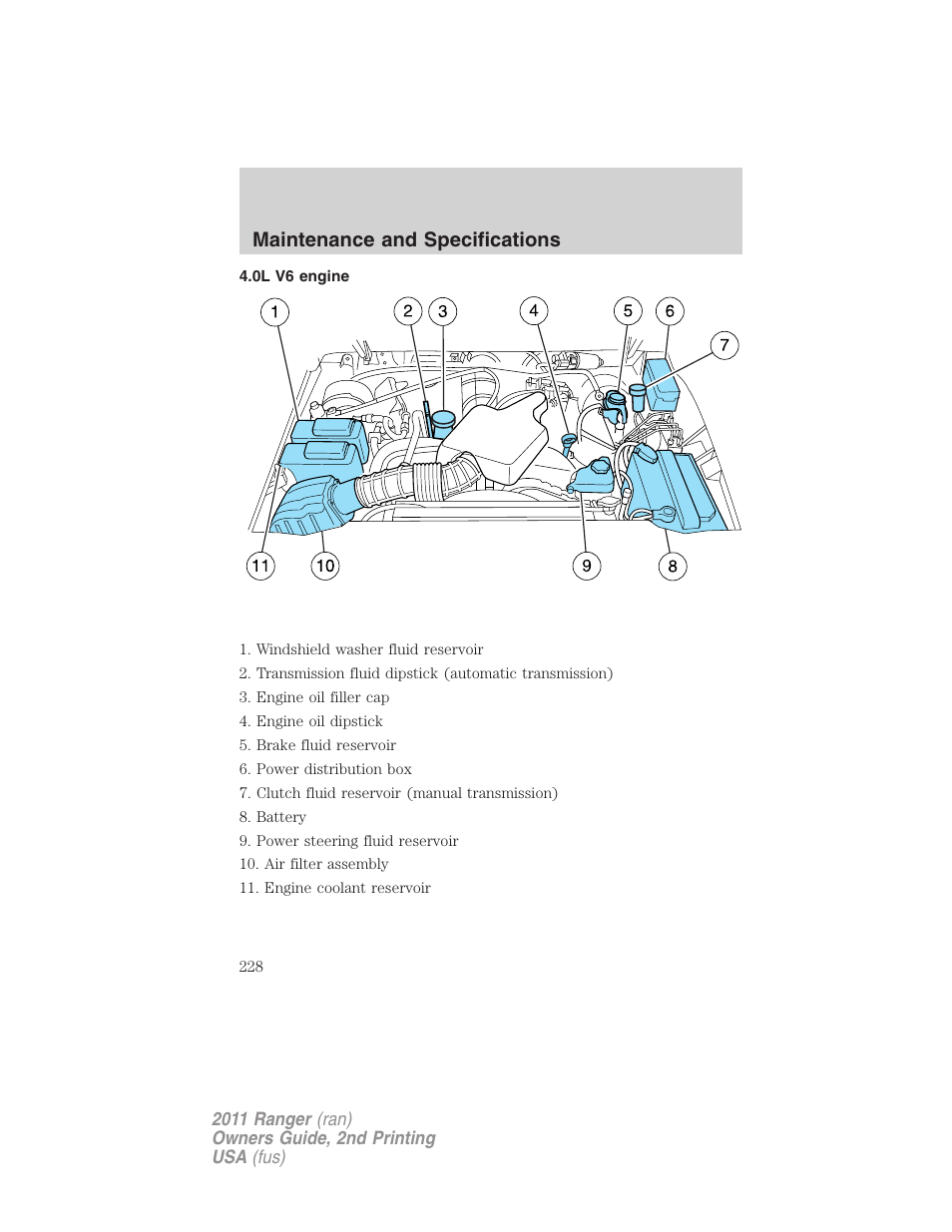 0l v6 engine, Maintenance and specifications | FORD 2011 Ranger v.2 User Manual | Page 228 / 303