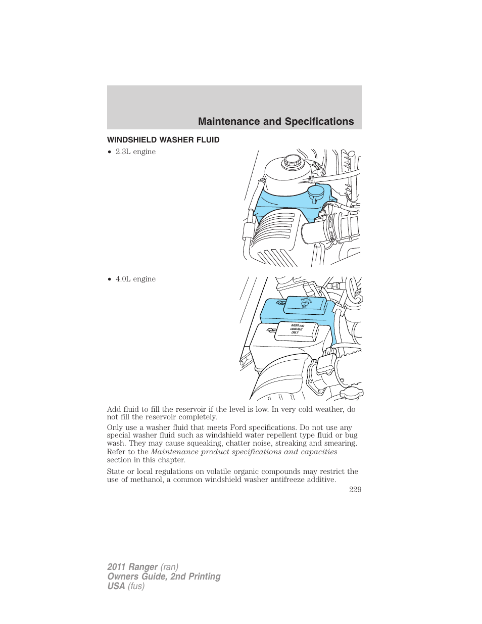 Windshield washer fluid, Maintenance and specifications | FORD 2011 Ranger v.2 User Manual | Page 229 / 303