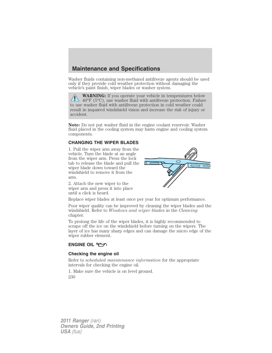 Changing the wiper blades, Engine oil, Checking the engine oil | Maintenance and specifications | FORD 2011 Ranger v.2 User Manual | Page 230 / 303