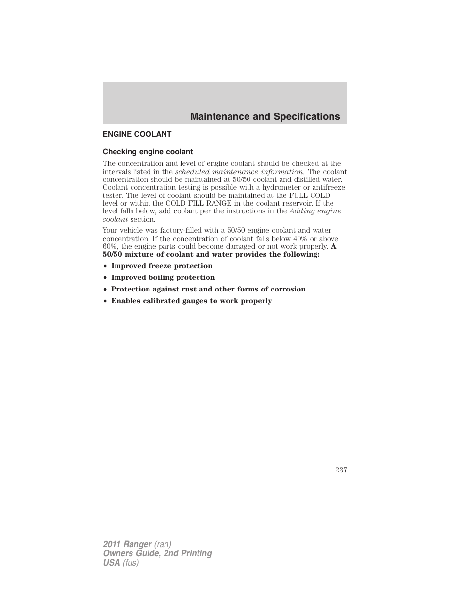 Engine coolant, Checking engine coolant, Maintenance and specifications | FORD 2011 Ranger v.2 User Manual | Page 237 / 303