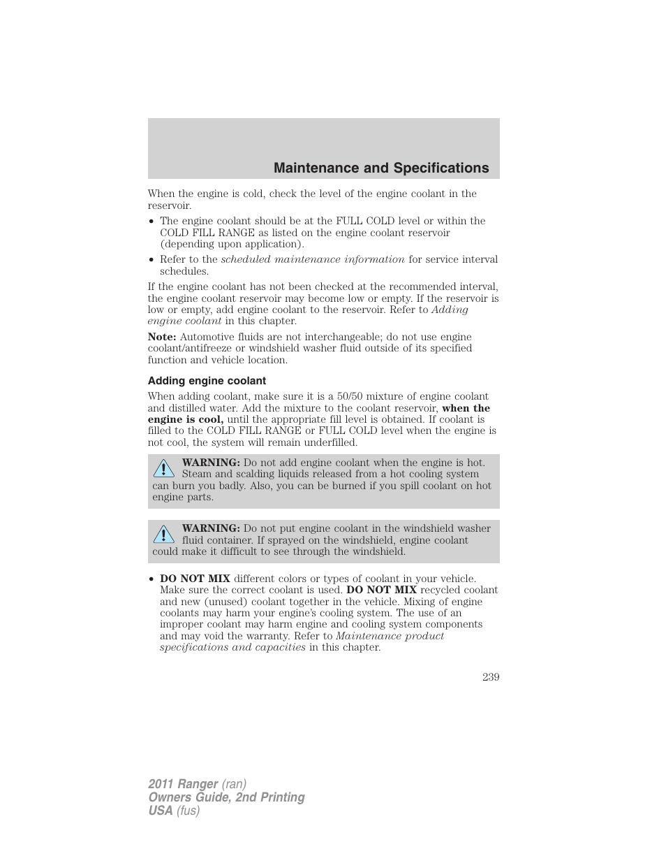 Adding engine coolant, Maintenance and specifications | FORD 2011 Ranger v.2 User Manual | Page 239 / 303