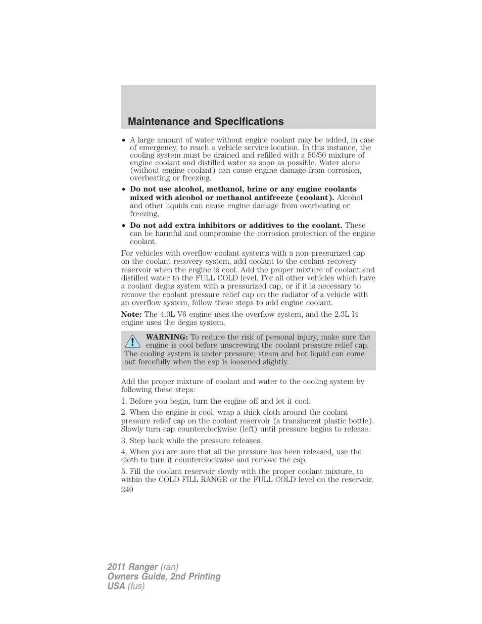 Maintenance and specifications | FORD 2011 Ranger v.2 User Manual | Page 240 / 303