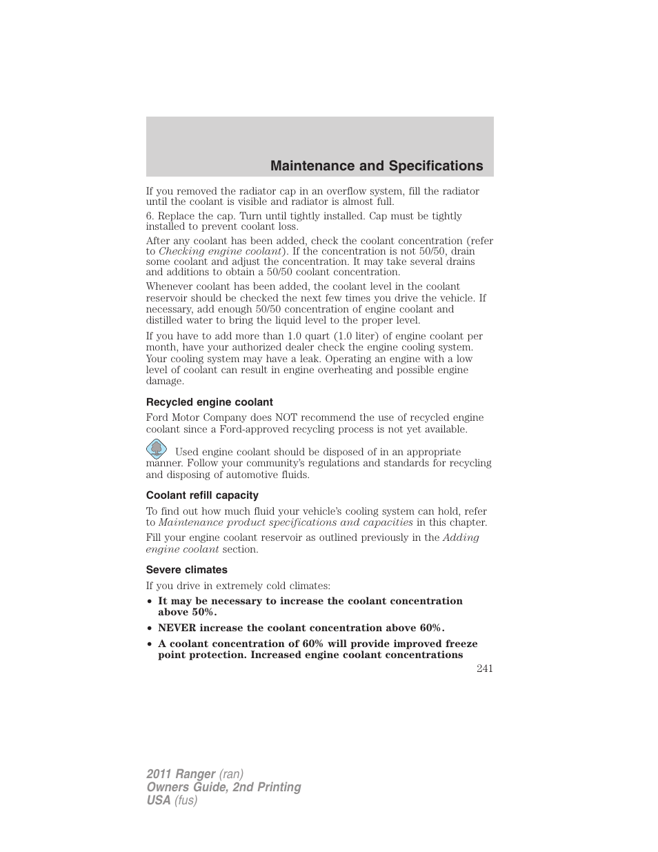 Recycled engine coolant, Coolant refill capacity, Severe climates | Maintenance and specifications | FORD 2011 Ranger v.2 User Manual | Page 241 / 303