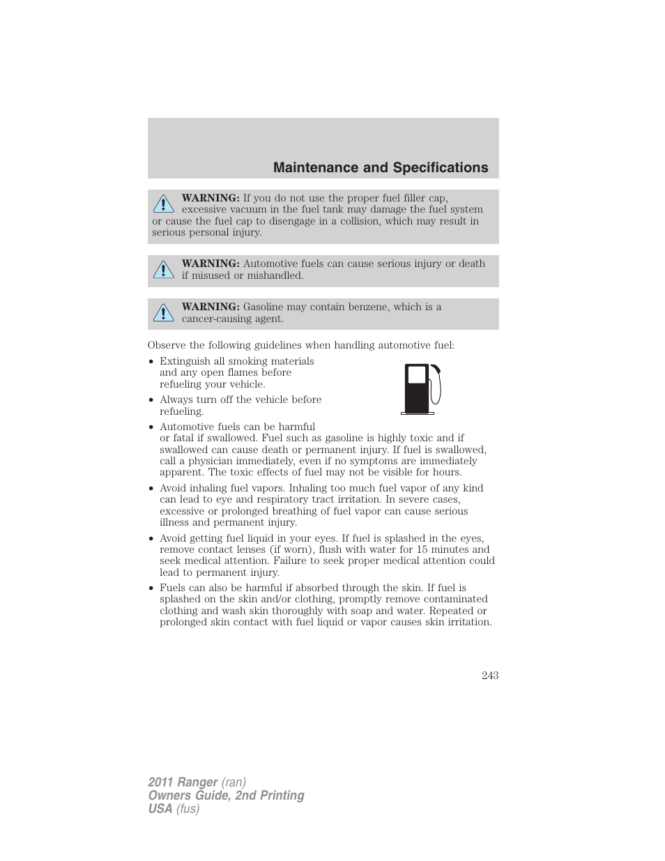 Maintenance and specifications | FORD 2011 Ranger v.2 User Manual | Page 243 / 303