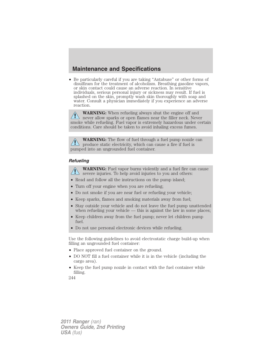 Refueling, Maintenance and specifications | FORD 2011 Ranger v.2 User Manual | Page 244 / 303