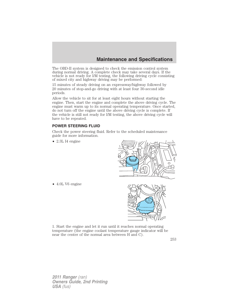 Power steering fluid, Maintenance and specifications | FORD 2011 Ranger v.2 User Manual | Page 253 / 303